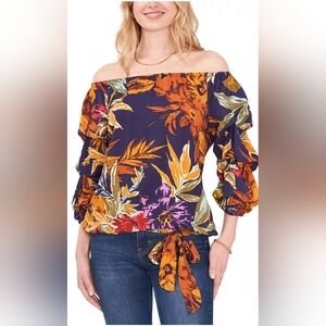 Vince Camuto Women's 2X Floral Print Bubble Sleeve Off Shoulder Top Blouse